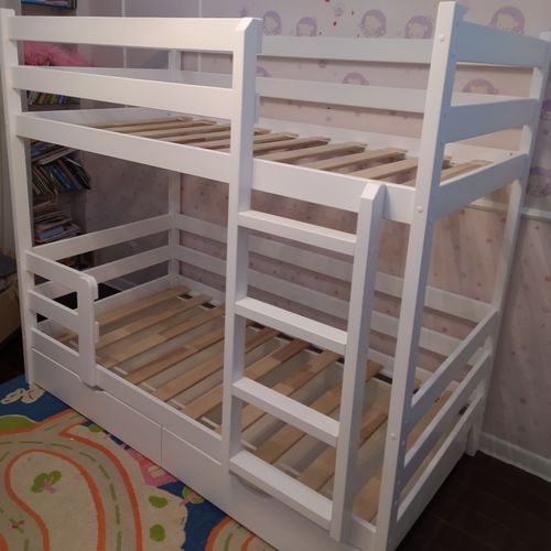 Двухъярусная кровать "Высокий борт" с ящиками для хранения из березы премиум, цвет белый